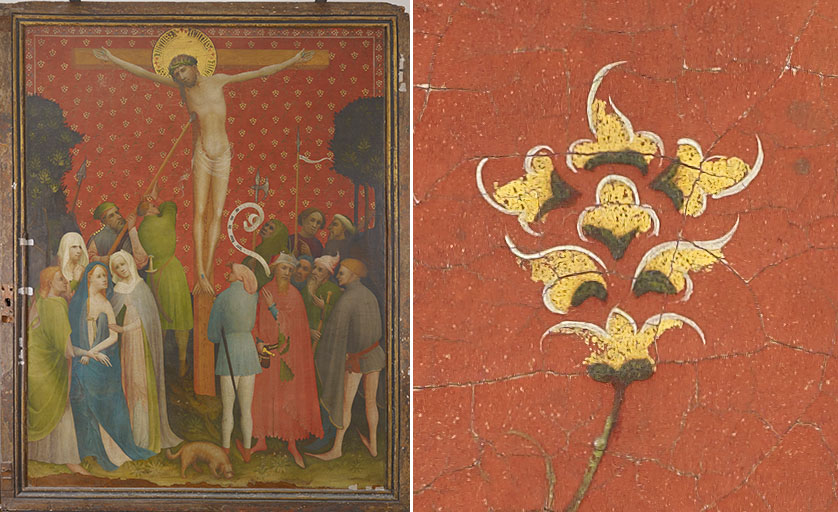 Goldene Tafel Detail aus dem Blütenornament des Hintergrundes der Bildtafel mit Kreuzigung Christi: Die Blüten sind mit Zwischgold gestaltet, einem Blattmetall, das aus Silber und Gold besteht.